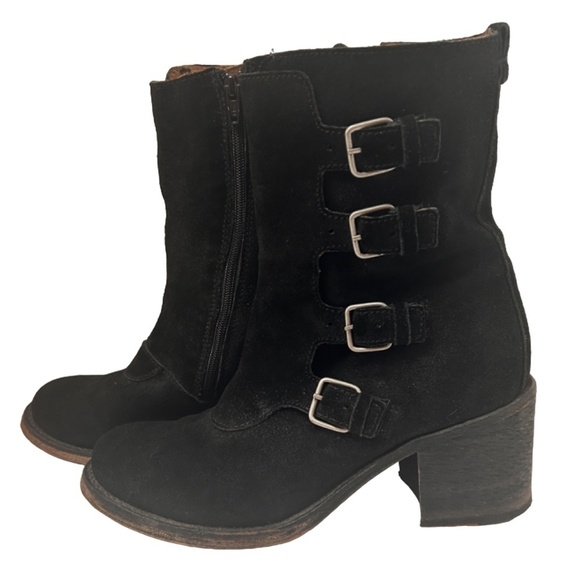 JL J. Litvack Moto Boots Booties Black Suede Four Buckle Chunky Stacked Heel - Picture 7 of 16